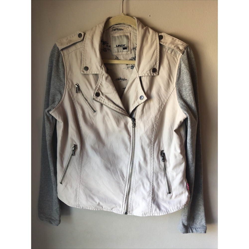 Levi's Crop Moto Style Jacket Ladies Size 6 Beige Gray Sleeves Cotton